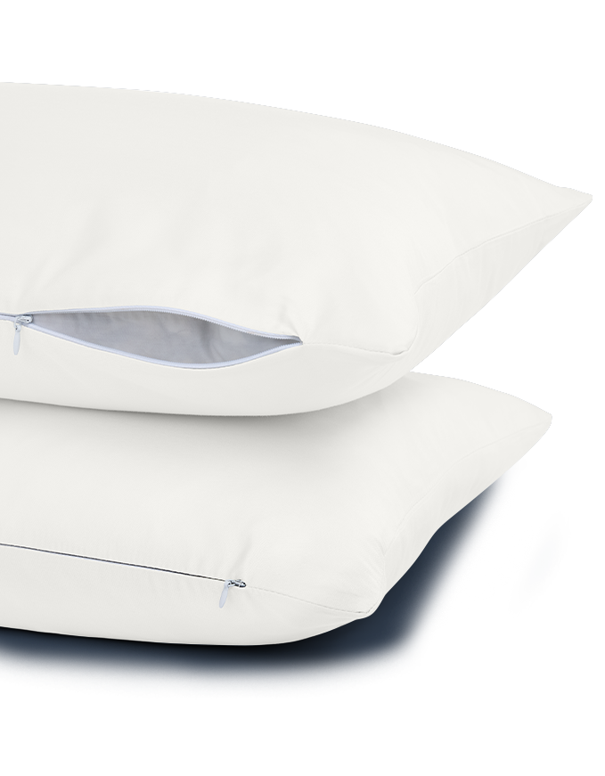 Two white bamboo pillow protectors with zippers, stacked on a transparent background.